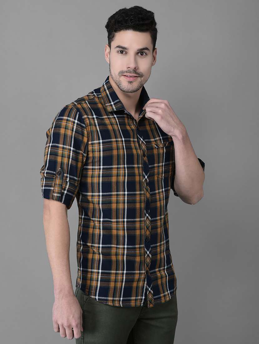 canary london mustard indigo checked slim fit casual shirt - 20059274 -  Standard Image - 1
