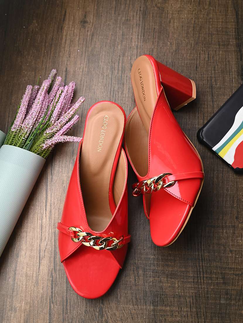 red synthetic slip on sandals