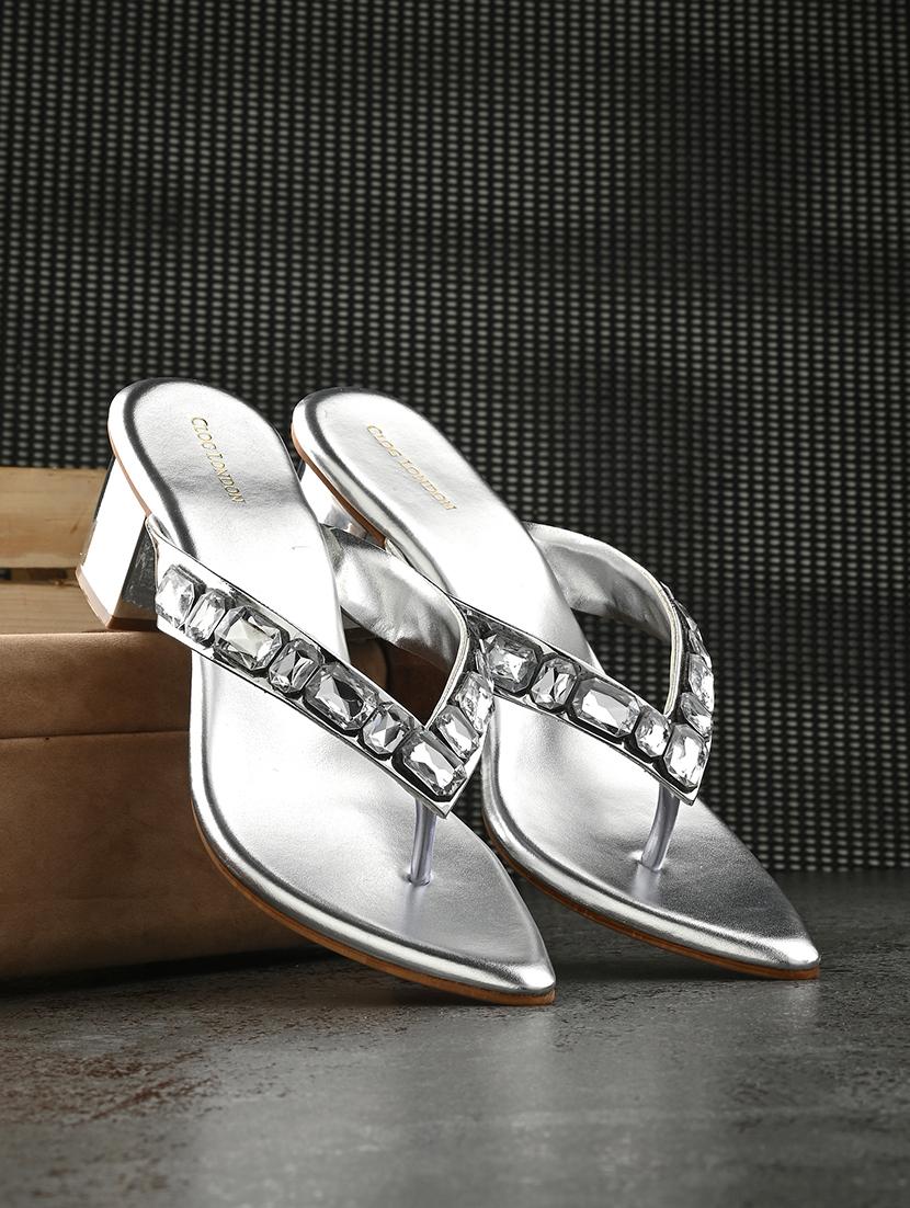silver synthetic slip on sandals
