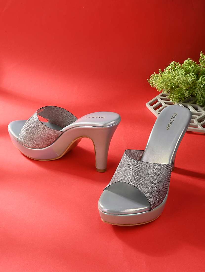 grey synthetic slip on sandals