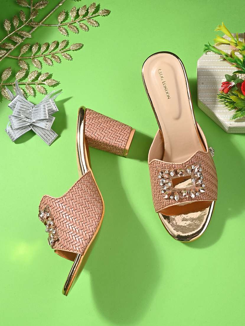 gold synthetic slip on sandals