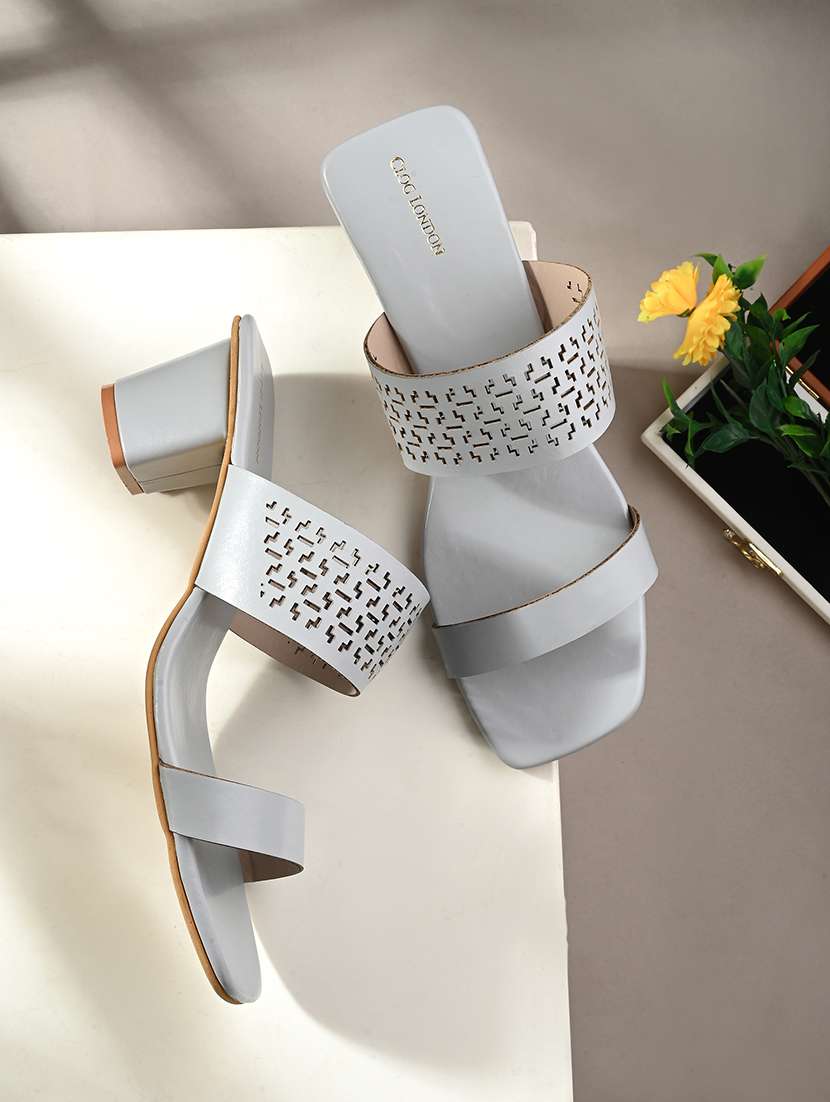 grey synthetic slip on sandals