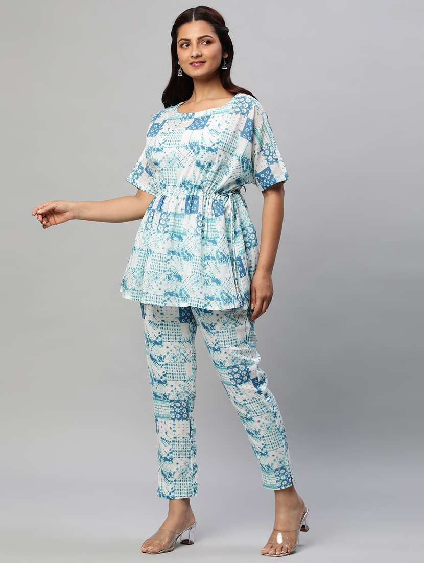 blue abstract top and trouser set co-ord