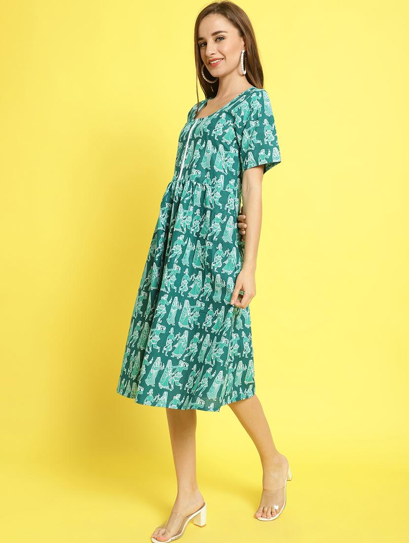 green printed a-line ethnic dress - 20061607 - Standard Image - 1