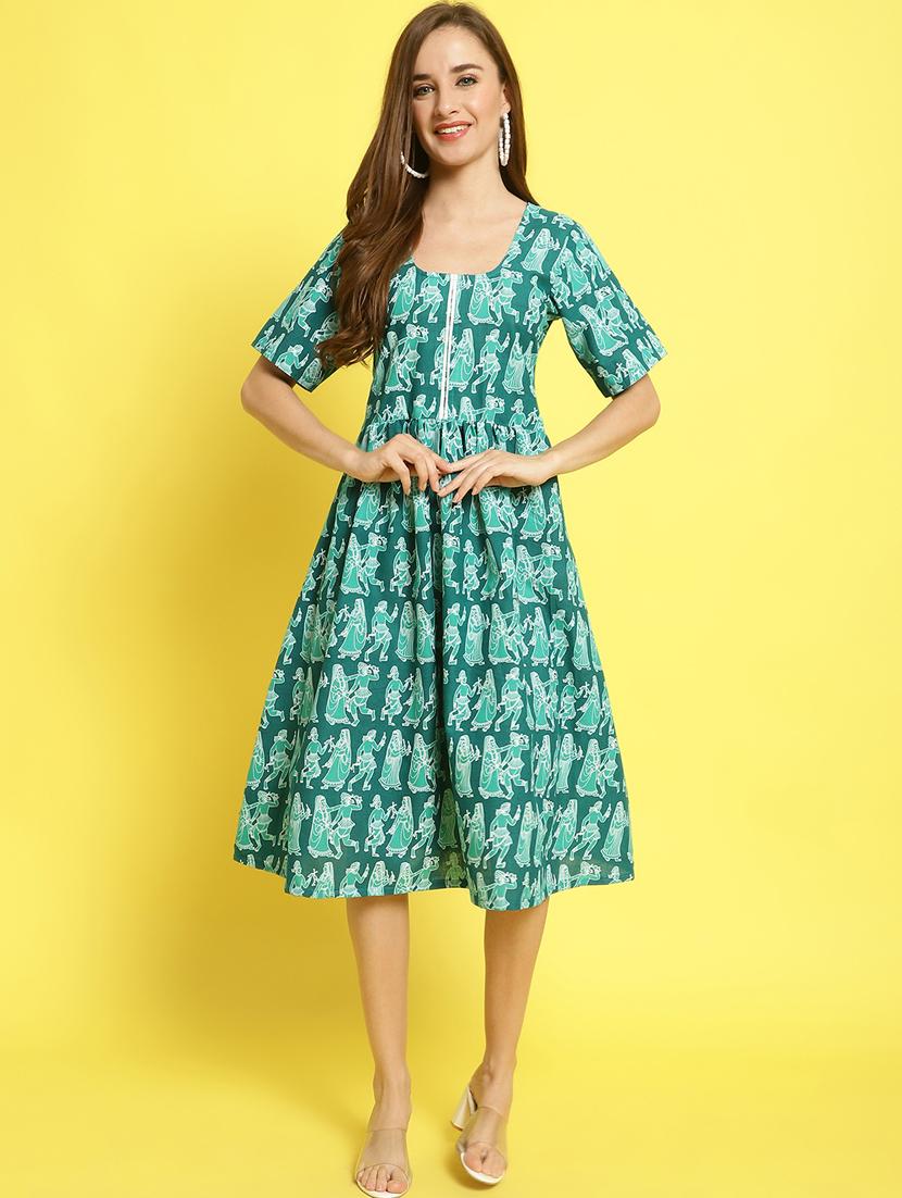 green printed a-line ethnic dress - 20061607 - Standard Image - 4