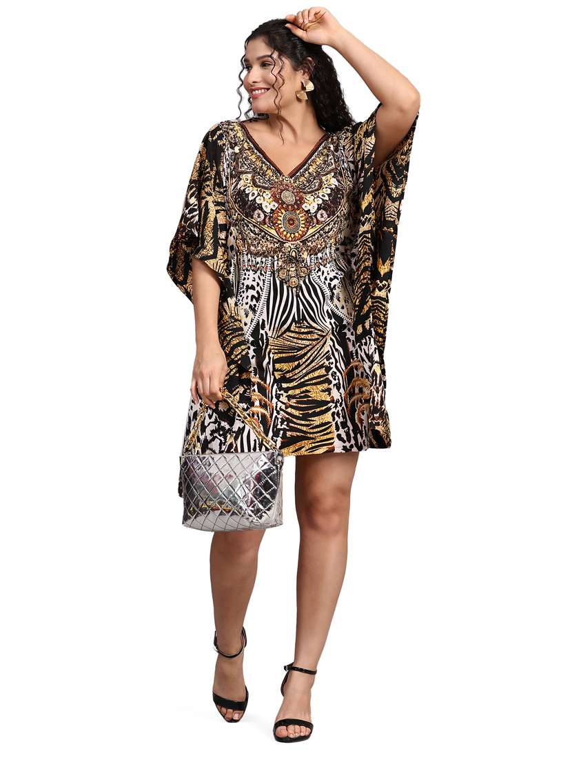 brown relaxed fit  animal print v-neck kaftan dress - 20061701 -  Standard Image - 4