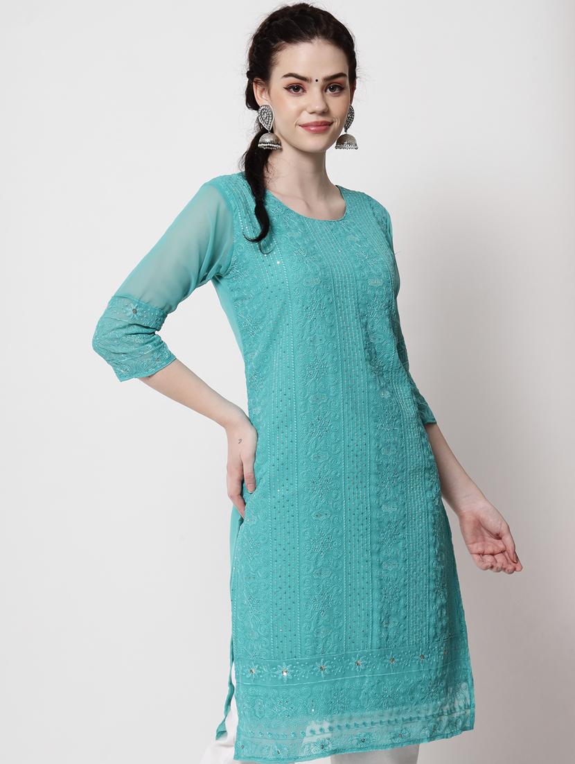 round neck tonal embroidered straight kurta - 20067046 - Standard Image - 1