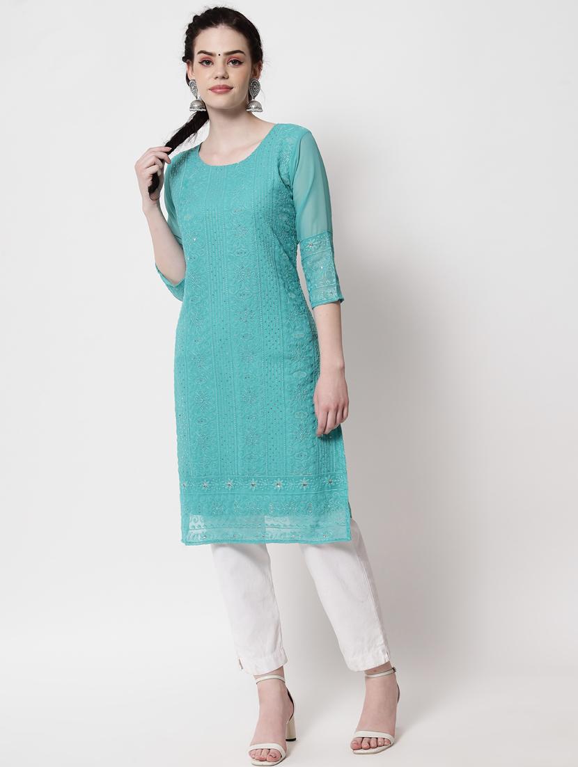 round neck tonal embroidered straight kurta - 20067046 - Standard Image - 4
