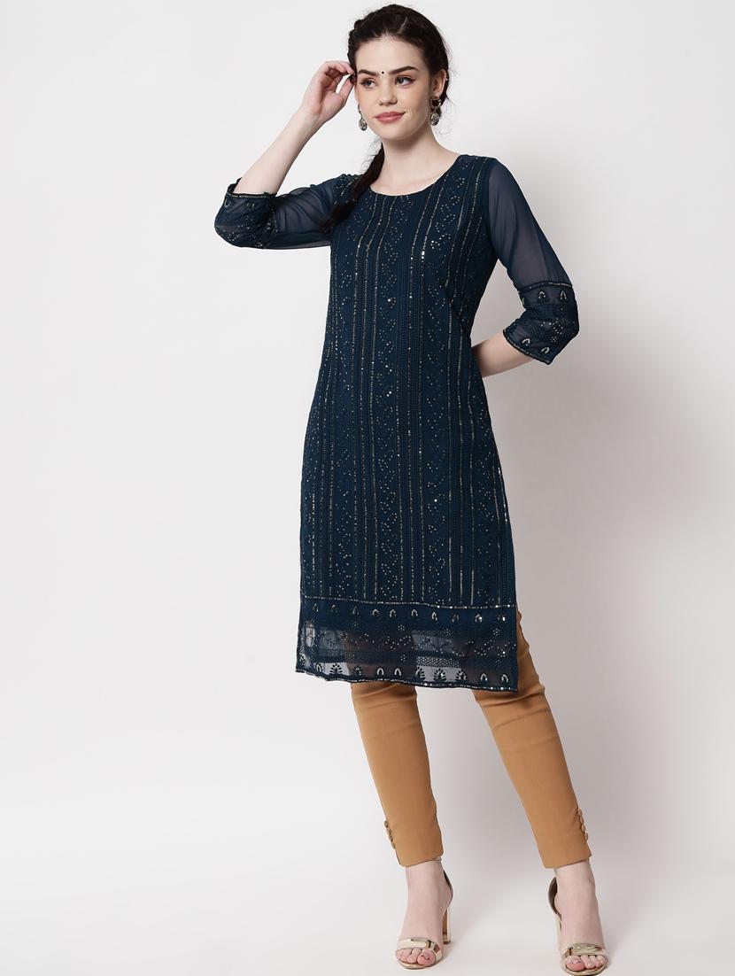 round neck tonal embroidered straight kurta - 20067050 - Standard Image - 4