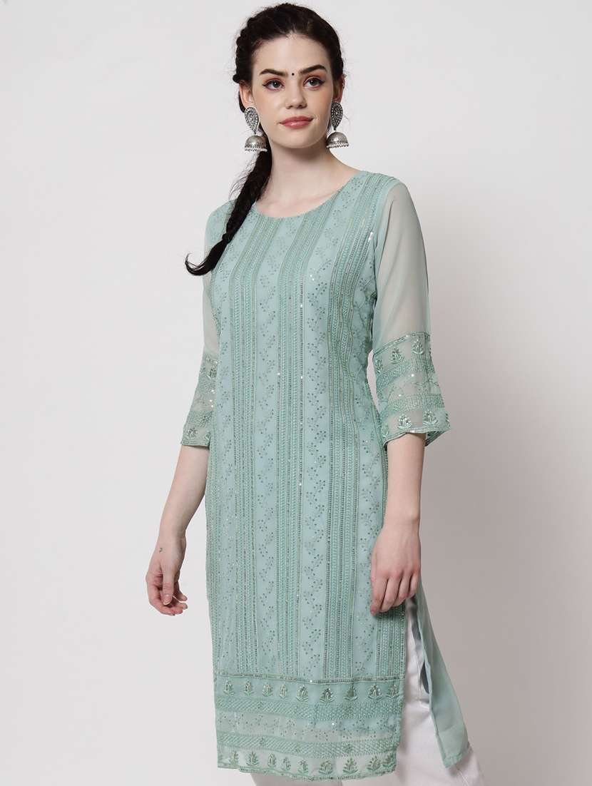 round neck tonal embroidered straight kurta - 20067055 -  Standard Image - 1