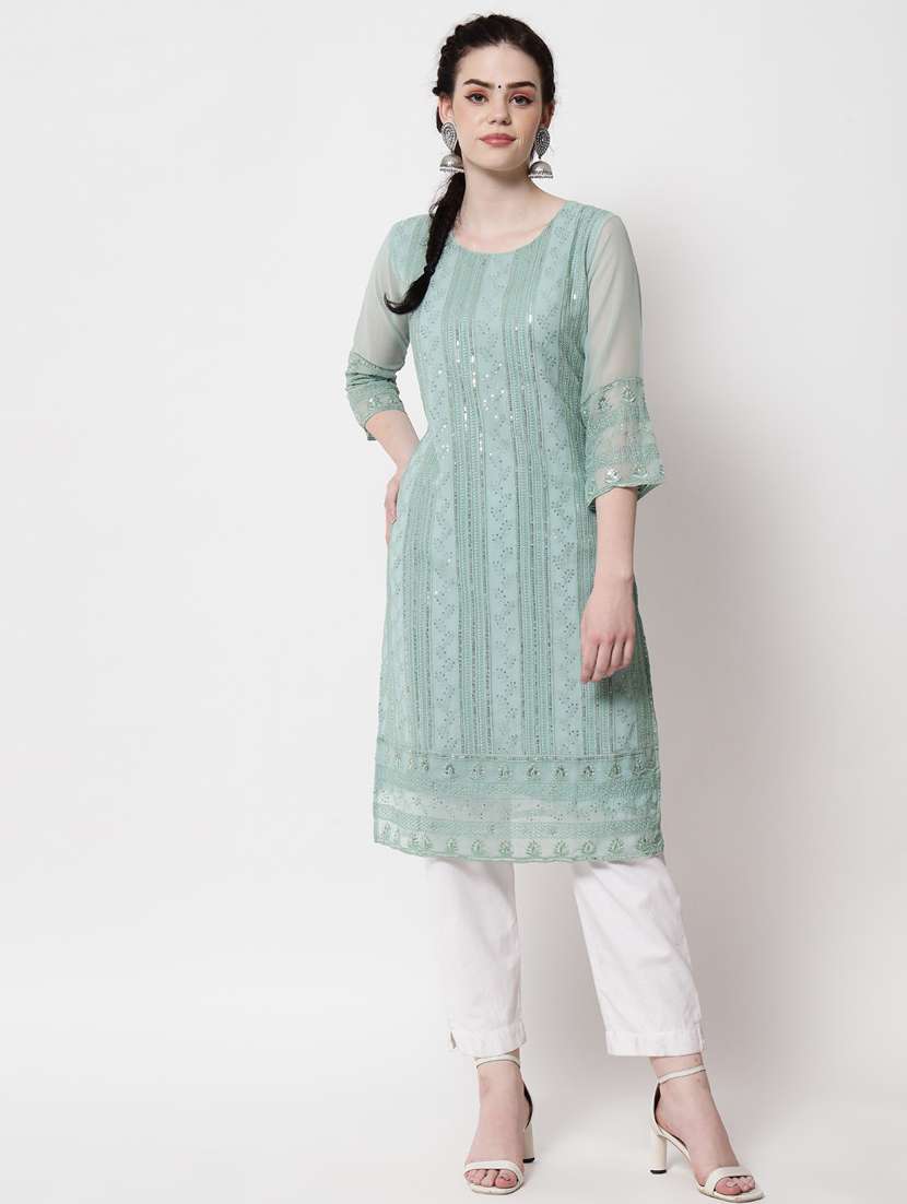 round neck tonal embroidered straight kurta - 20067055 -  Standard Image - 4