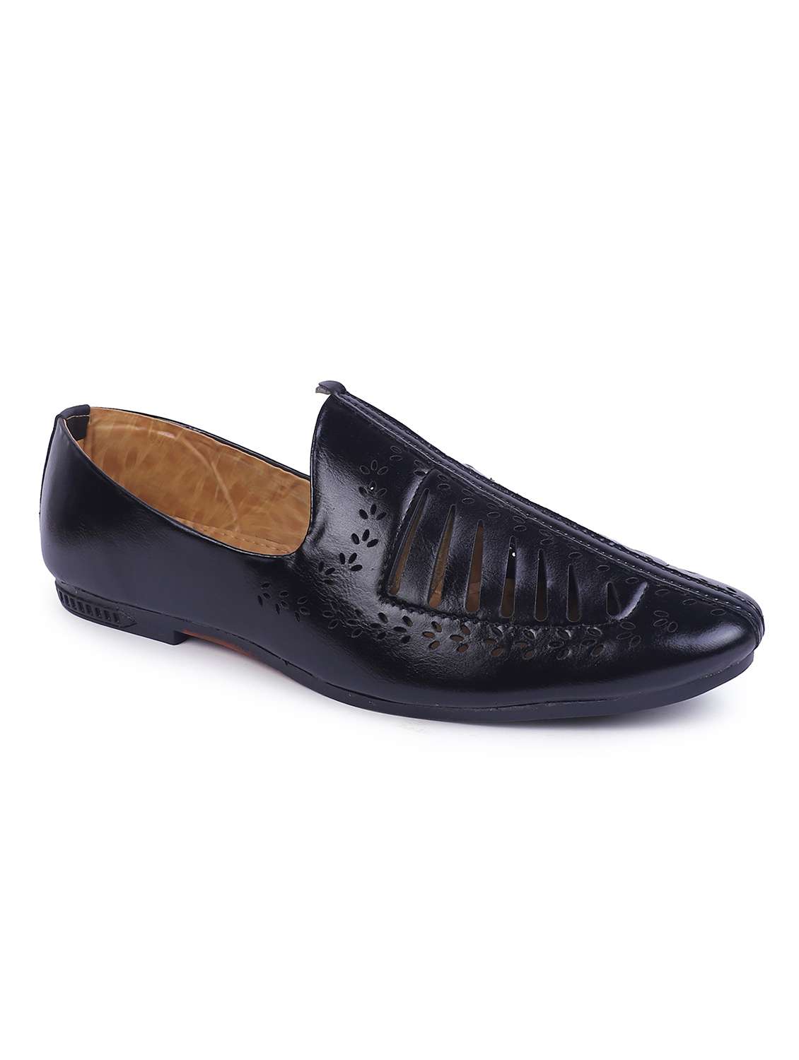 black synthetic slip on jutis