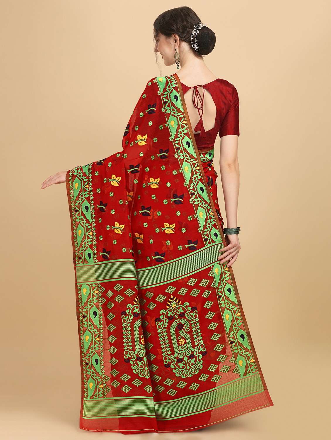 red jamdani saree with blouse - 20067751 -  Standard Image - 1