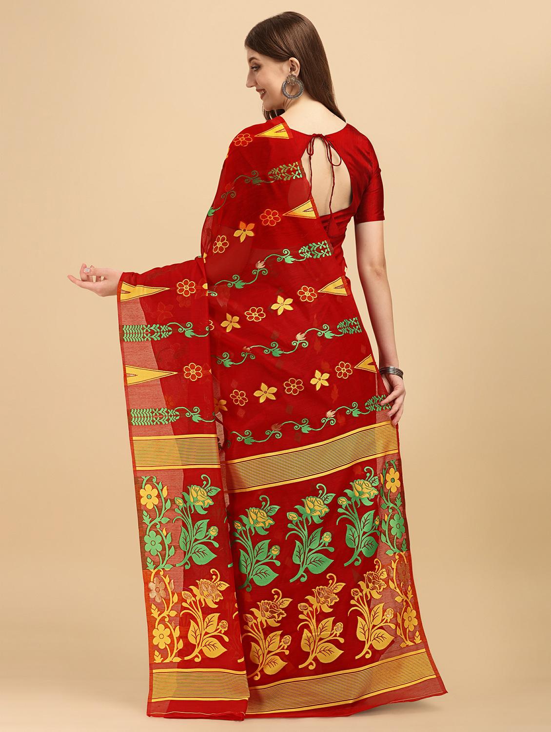red jamdani saree with blouse - 20067940 - Standard Image - 1