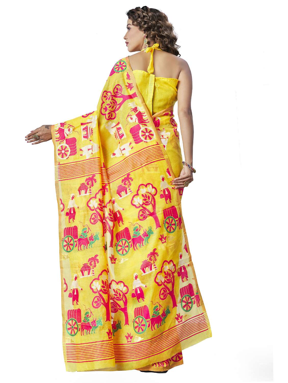 yellow printed jamdani saree with blouse - 20068136 -  Standard Image - 1