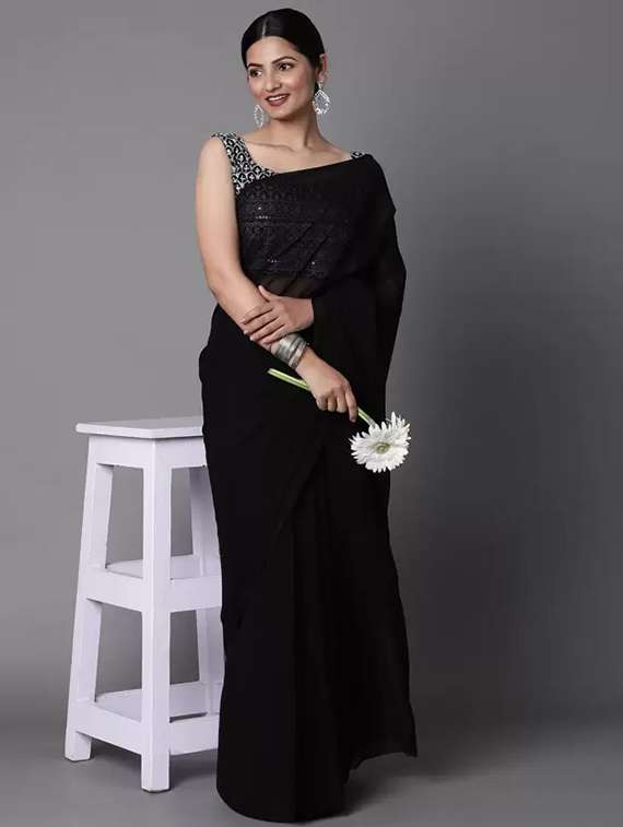 women's solid black colored saree with blouse - 20068639 -  Standard Image - 1