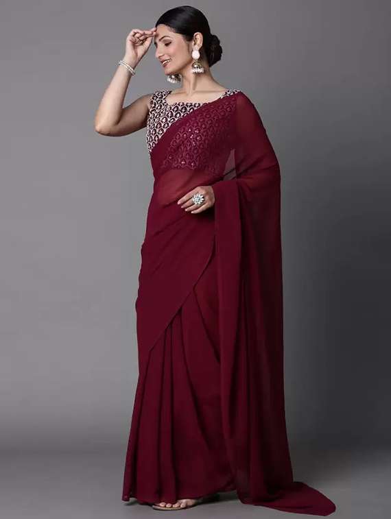 women's solid maroon colored saree with blouse - 20068641 -  Standard Image - 1