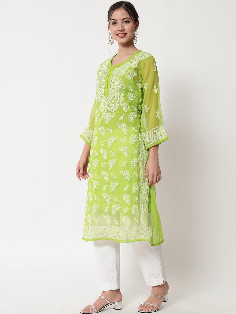 round neck chikankari straight long kurta - 20070414 - Standard Image - 1