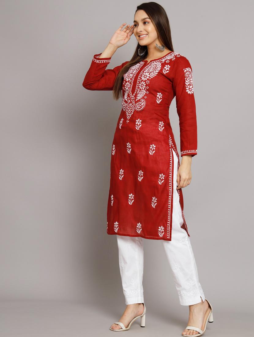 maroon chikankari straight kurta - 20070447 - Standard Image - 1