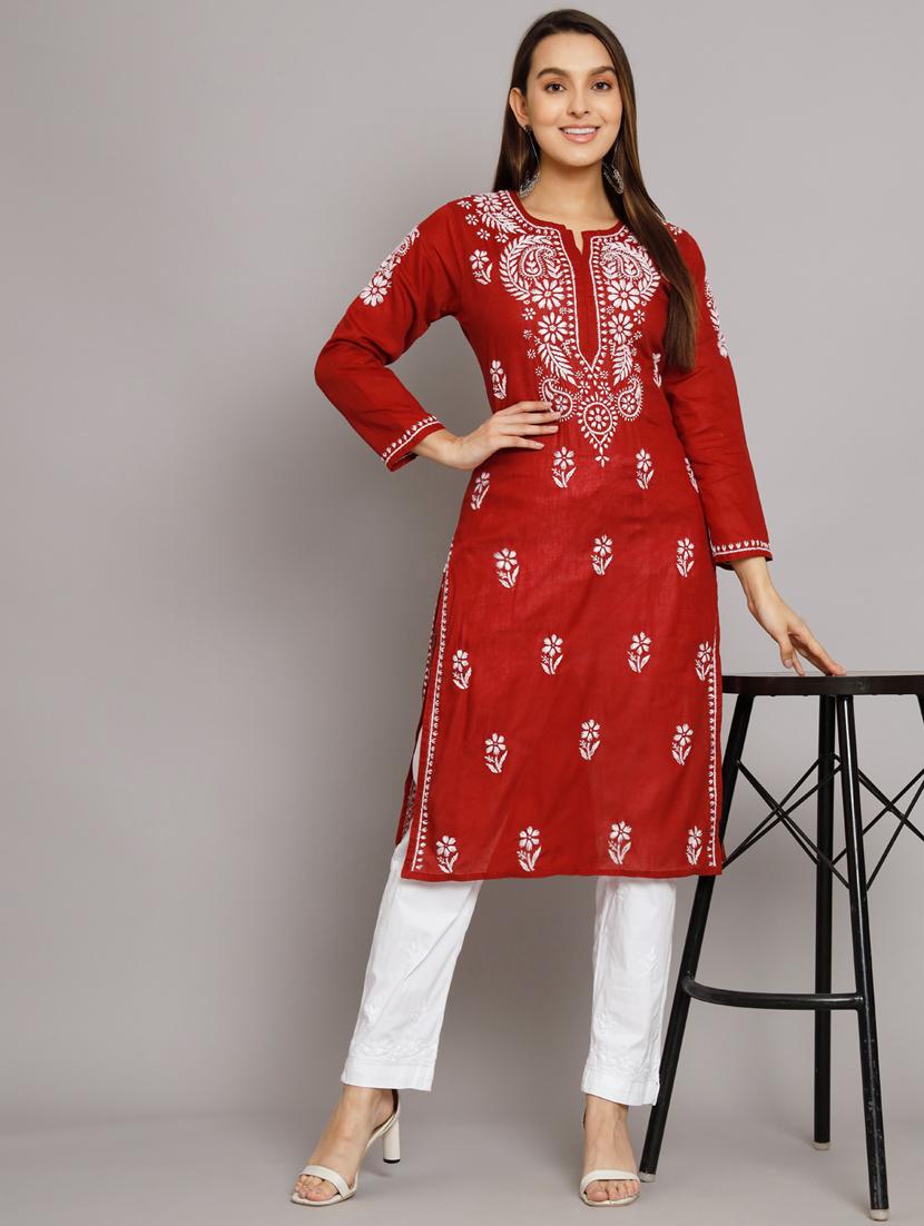 maroon chikankari straight kurta - 20070447 - Standard Image - 4