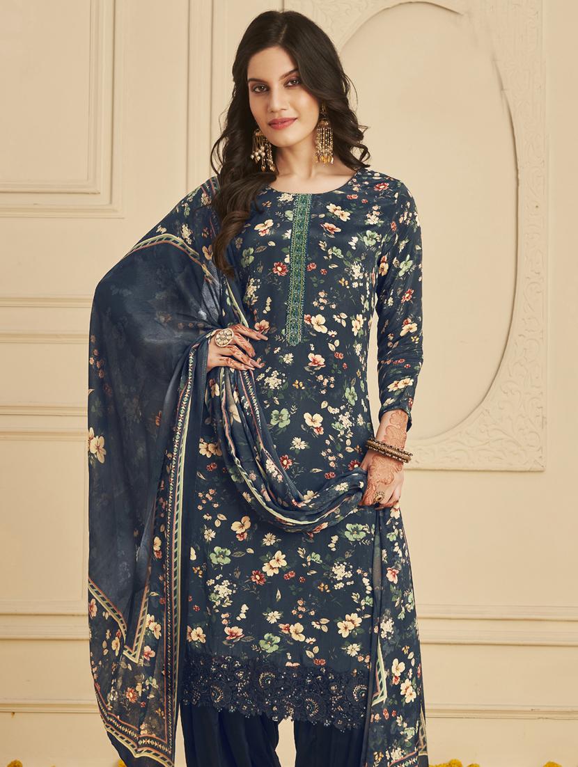 navy printed unstitched suit set - 20072420 -  Standard Image - 1