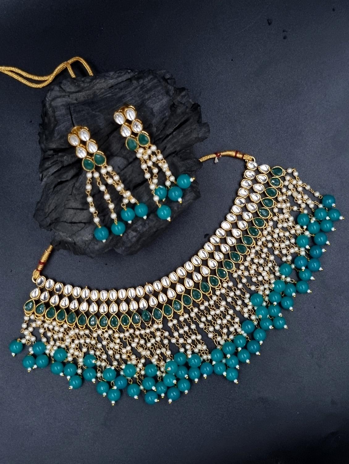 gold plated beads & kundan necklace set - 20072595 - Standard Image - 1