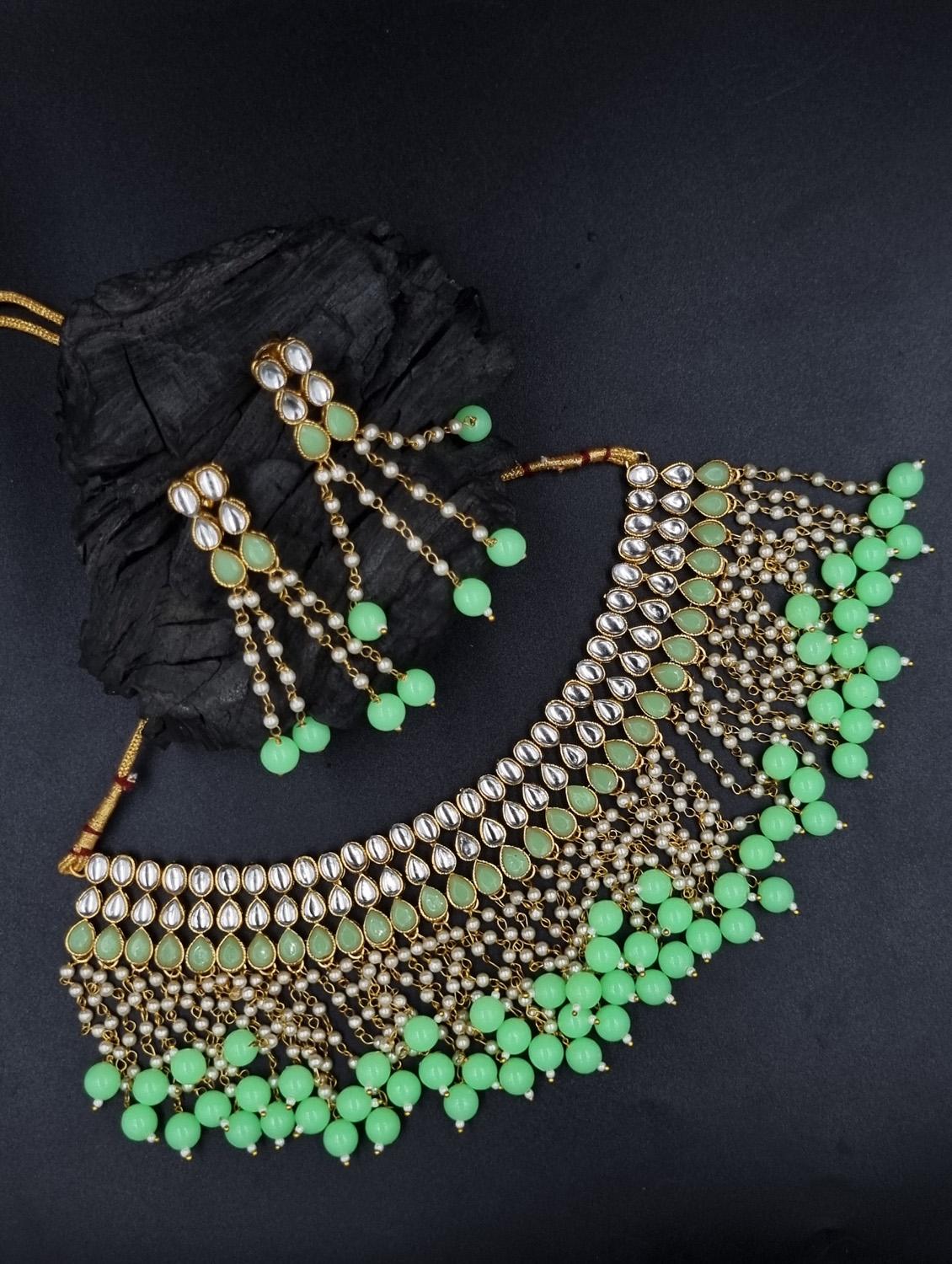gold plated beads & kundan necklace set - 20072596 -  Standard Image - 1