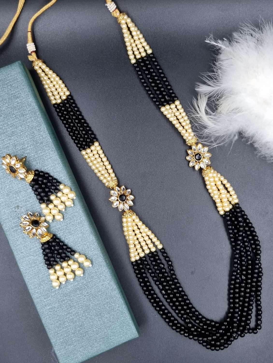 gold plated beads & kundan long necklace set - 20072599 -  Standard Image - 1