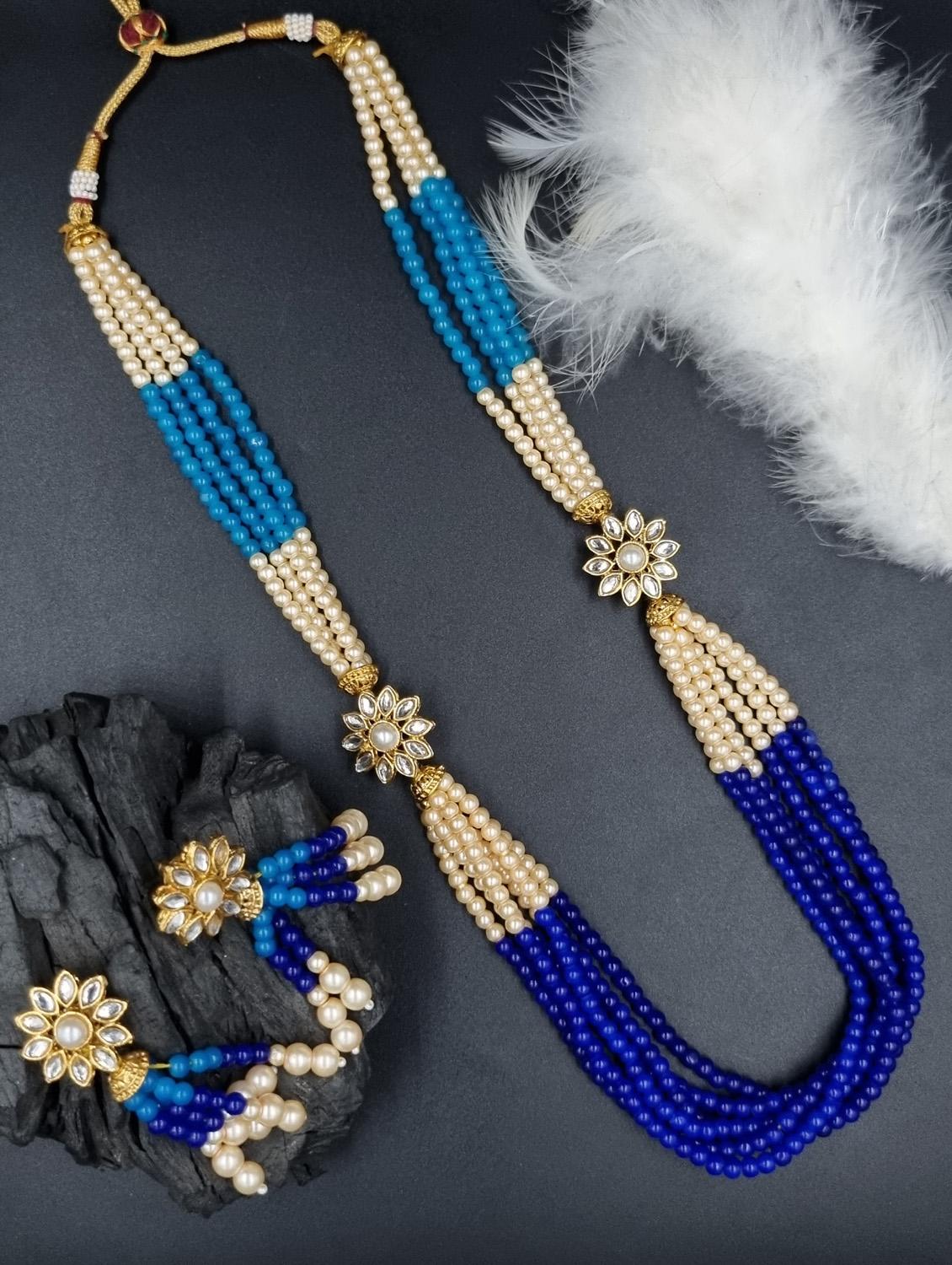 gold plated beads & kundan long necklace set - 20072602 -  Standard Image - 1