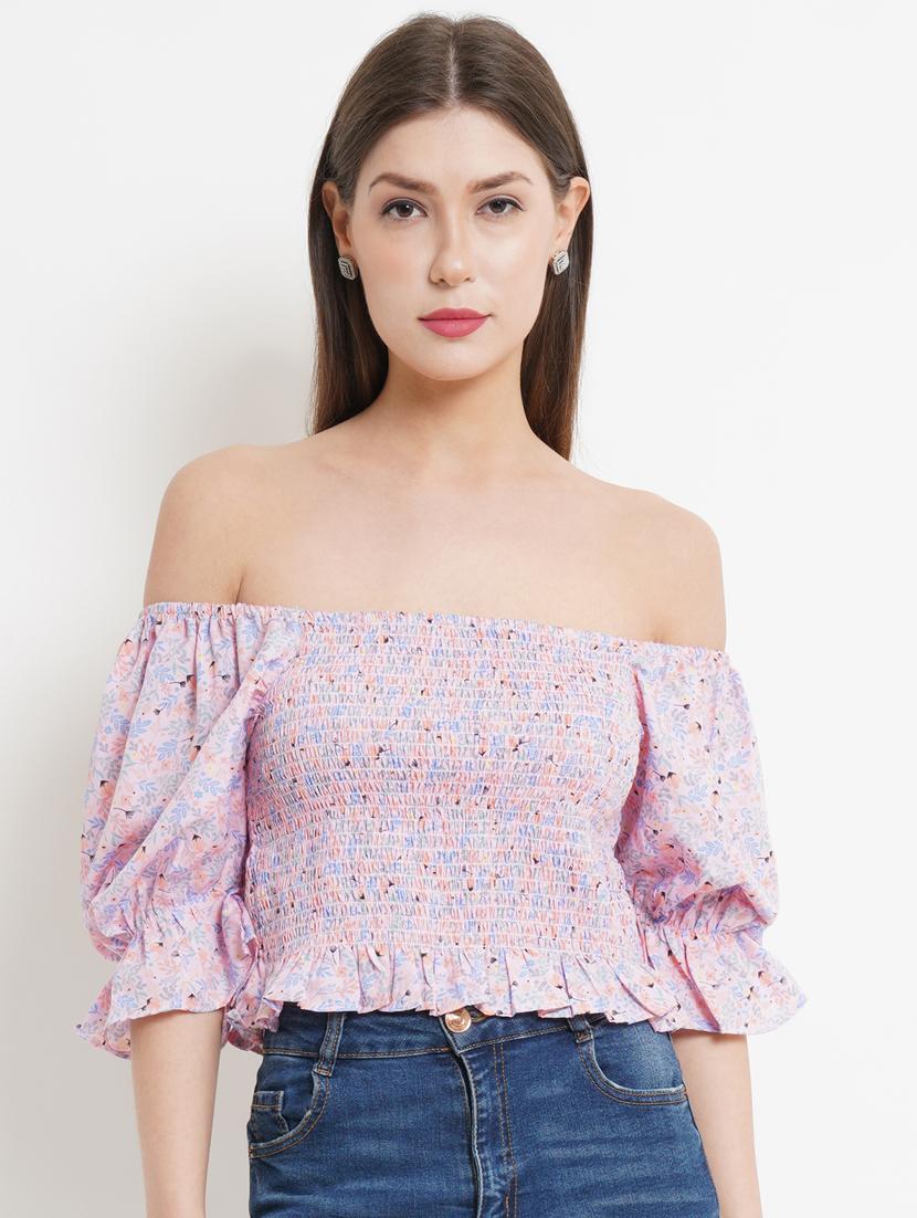 lavender floral print smocked off shoulder crop top - 20072645 - Zoom Image - 0