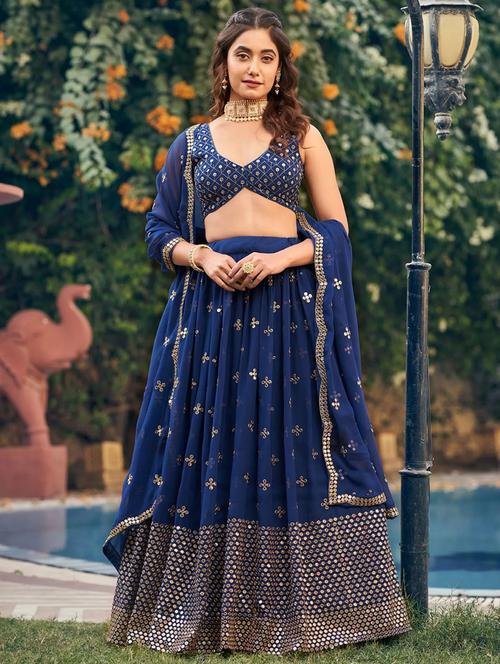 blue self design semi-stitched flared lehenga - 20078152 - Standard Image - 0
