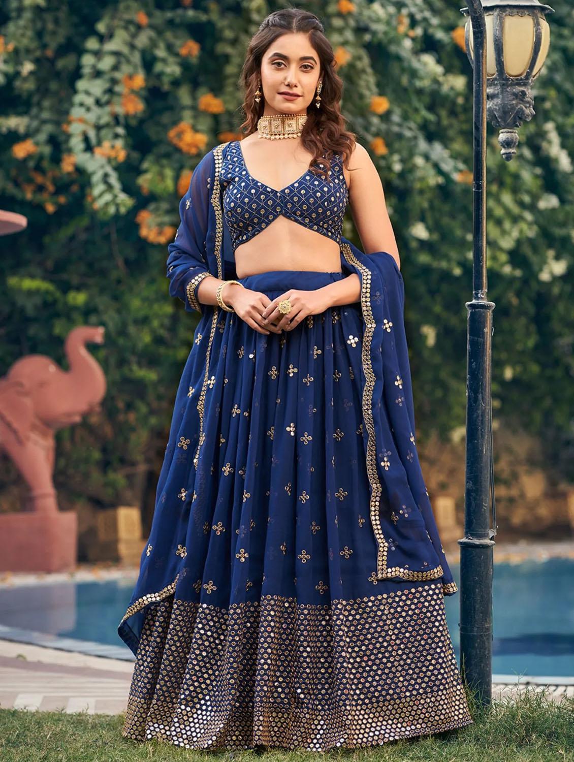 blue self design semi-stitched flared lehenga - 20078152 - Zoom Image - 0