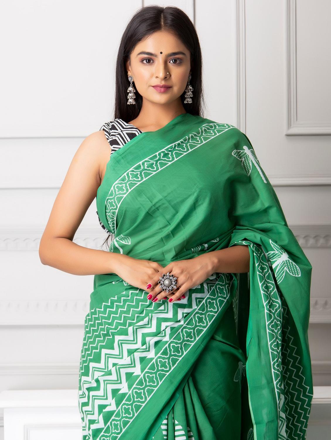 hand block printed saree with blouse - 20078227 -  Standard Image - 1