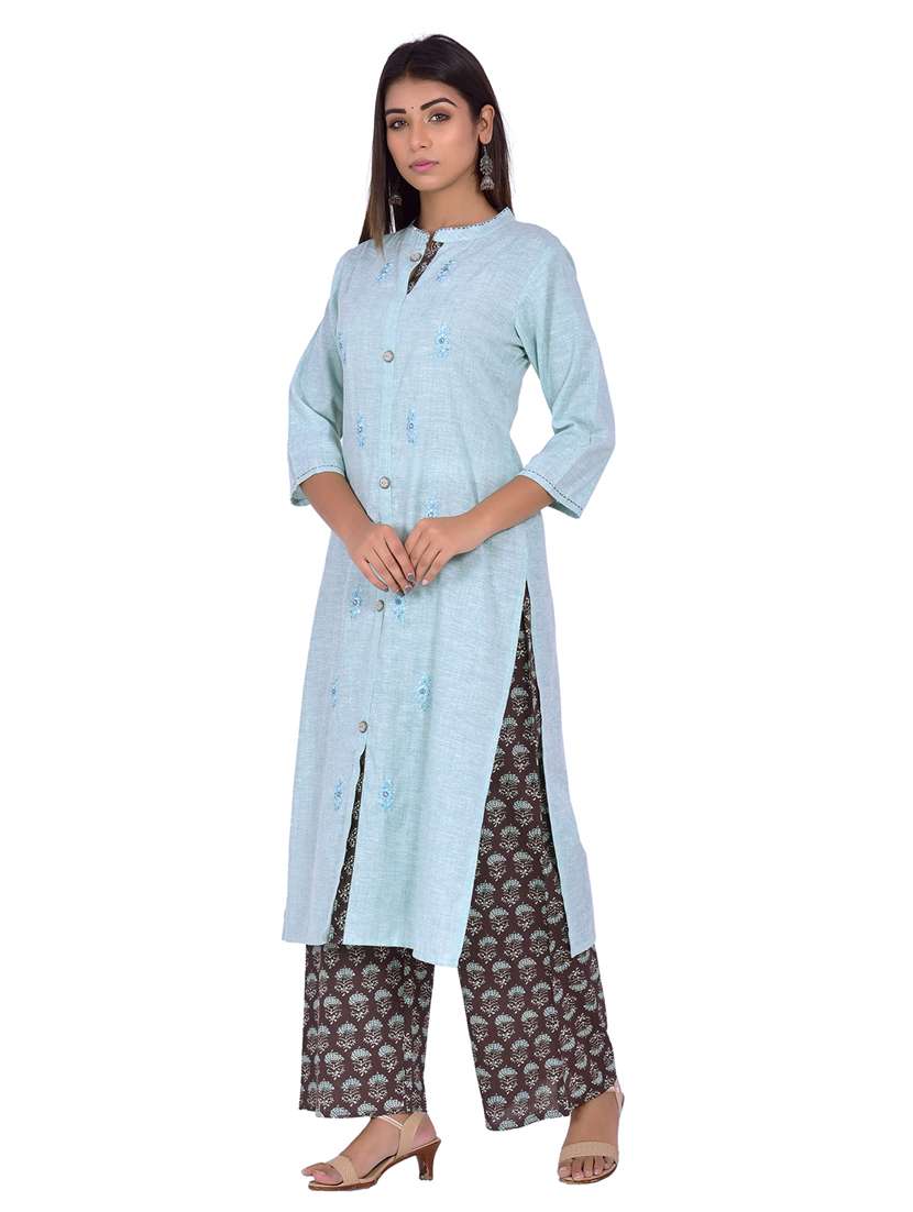 mandarin neck kurta palazzo set - 20078354 -  Standard Image - 1
