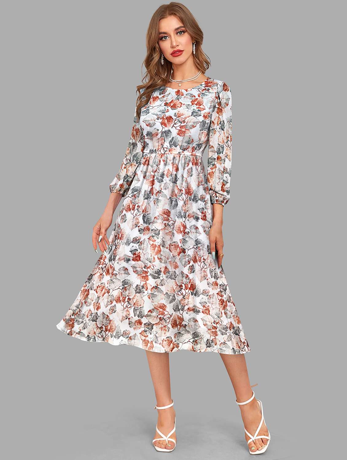 women's fit & flare leaf print dress