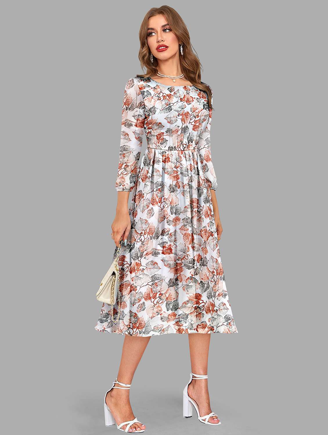 women's fit & flare leaf print dress - 20083138 -  Standard Image - 1