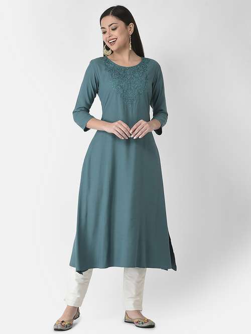 round neck solid a-line kurta - 20083176 -  Standard Image - 0