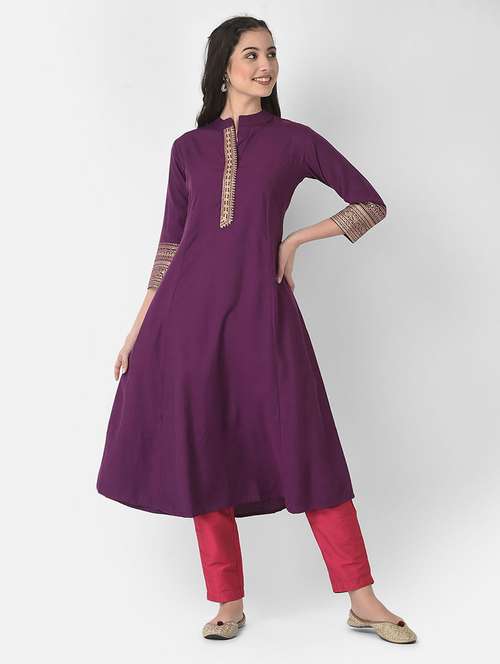 mandarin neck solid a-line kurta - 20083197 -  Standard Image - 0