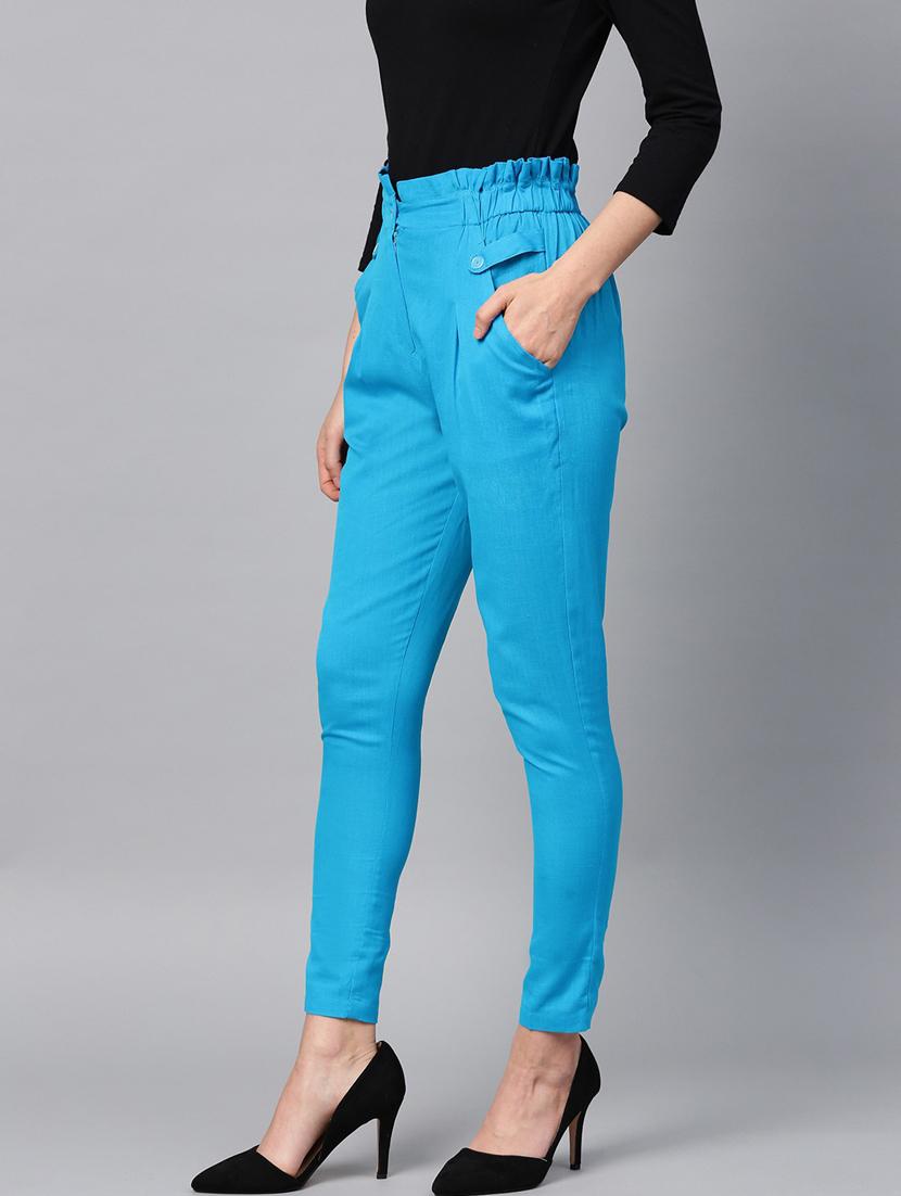 blue solid flat front ankle length trouser - 20083206 - Standard Image - 1
