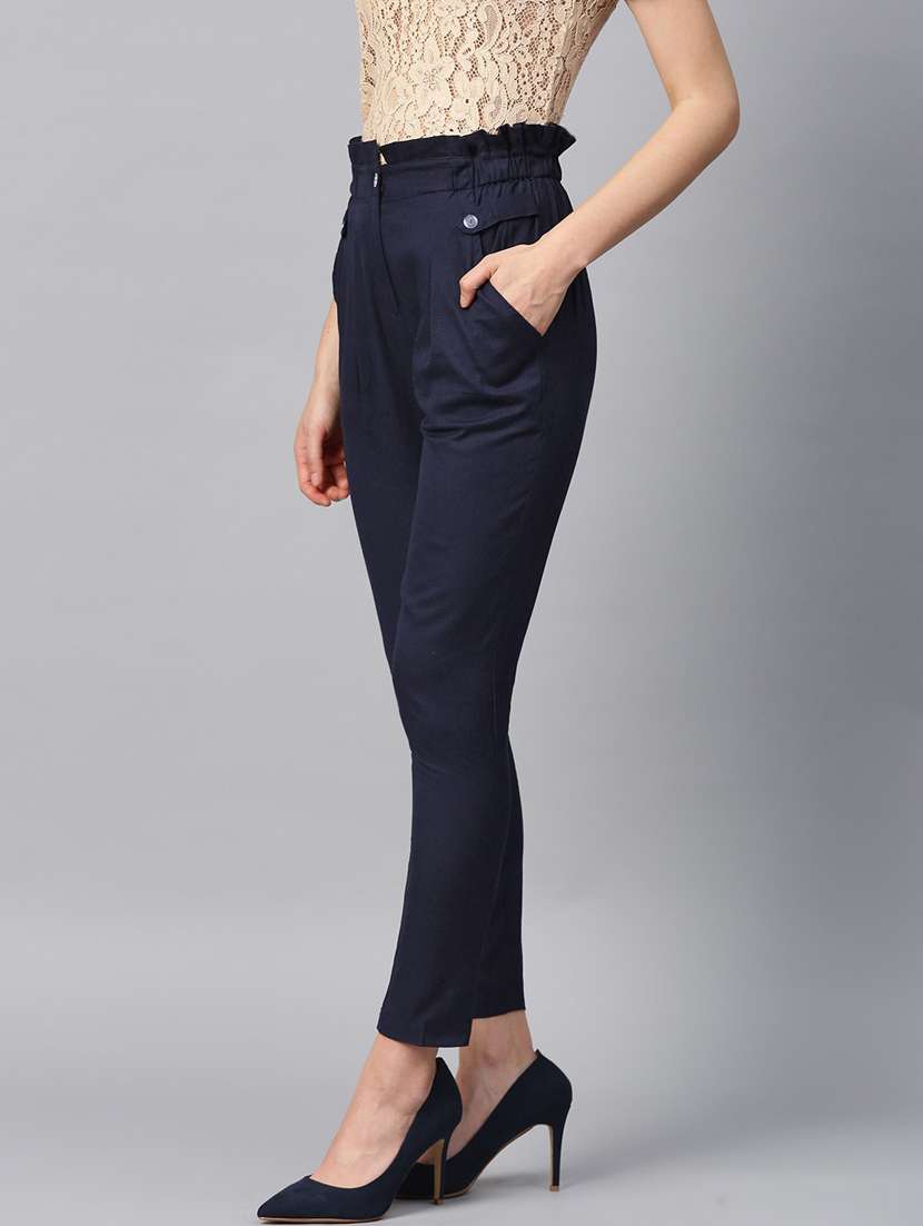 navy blue solid flat front ankle length trouser - 20083207 -  Standard Image - 1