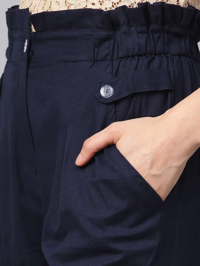navy blue solid flat front ankle length trouser - 20083207 - Standard Image - 4