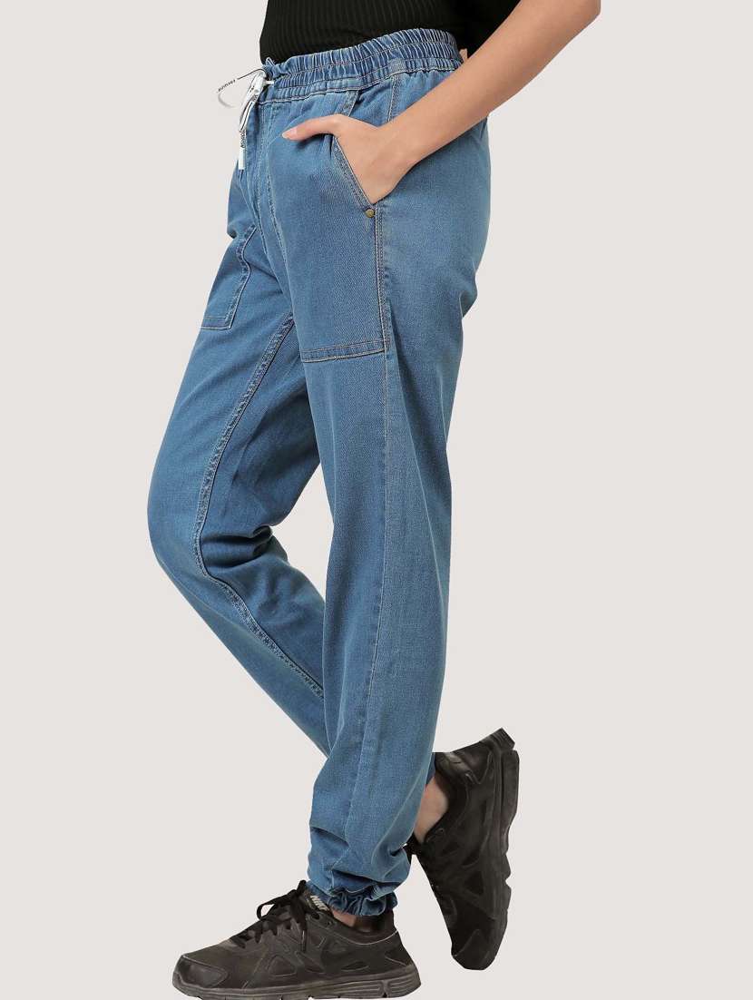 light blue solid mid rise denim jogger - 20085283 - Standard Image - 1
