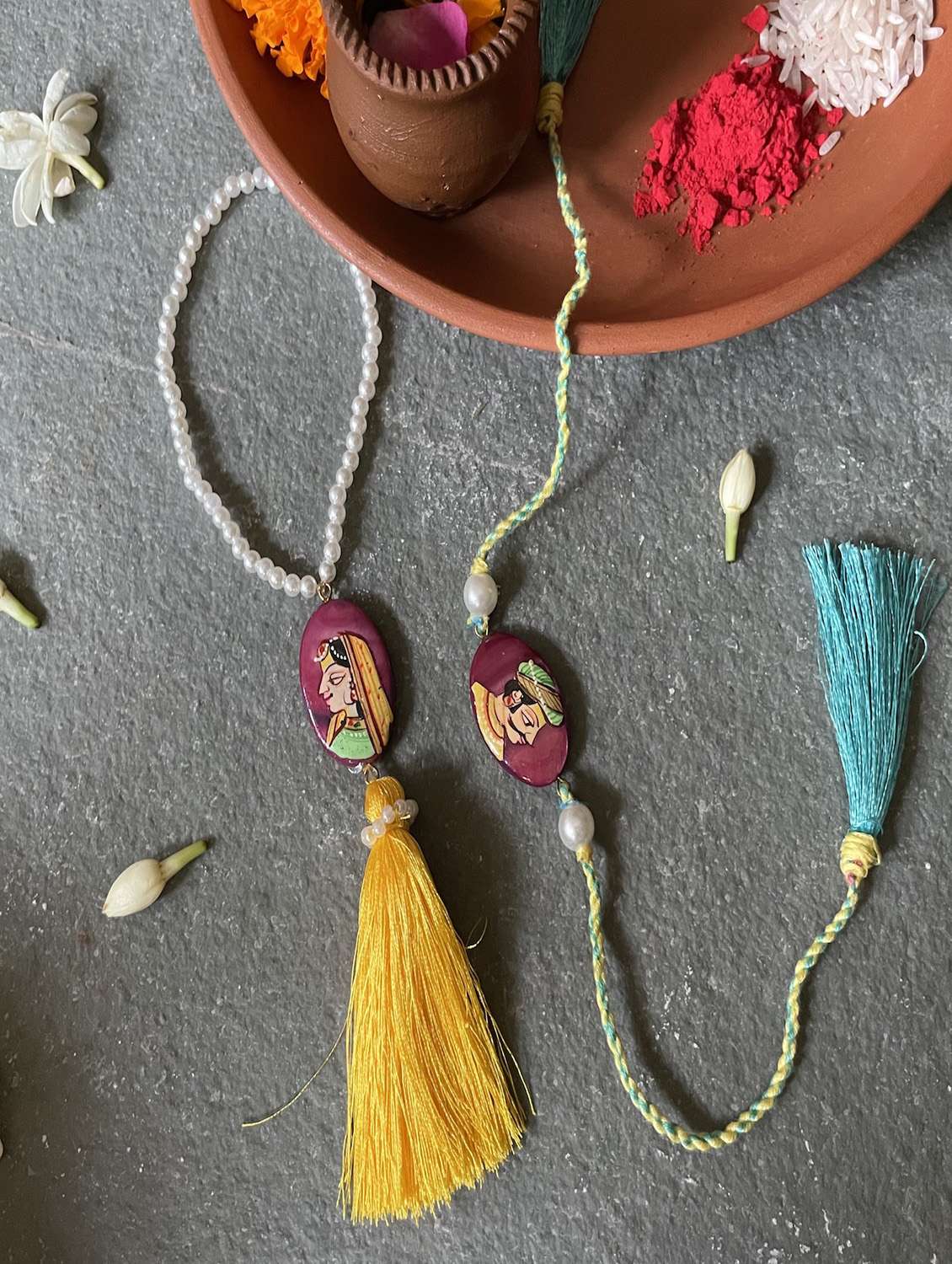 yellow teal green lumba magenta stone cotton thread rakhi