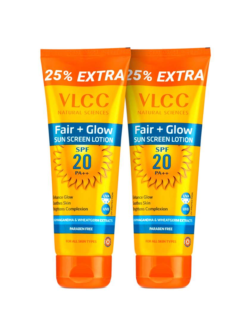vlcc fair+ glow sunscreen lotion spf 20 pa ++ - 100 g with 25 g extra ( pack of 2 ) - 20088071 -  Zoom Image - 0