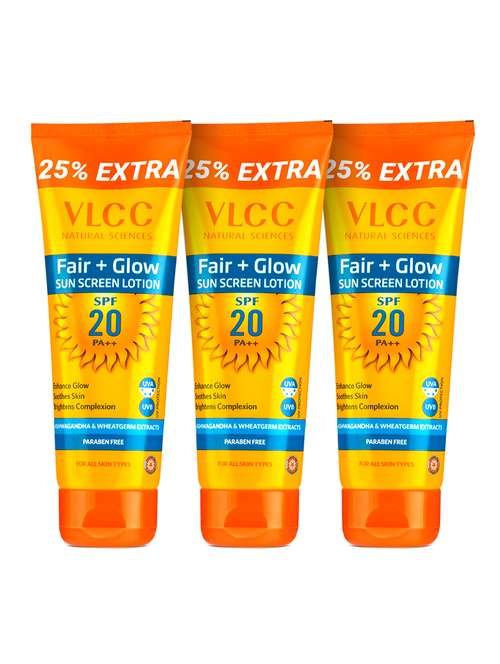 vlcc fair+ glow sunscreen lotion spf 20 pa ++ - 100 g with 25 g extra ( pack of 3 ) - 20088072 -  Standard Image - 0