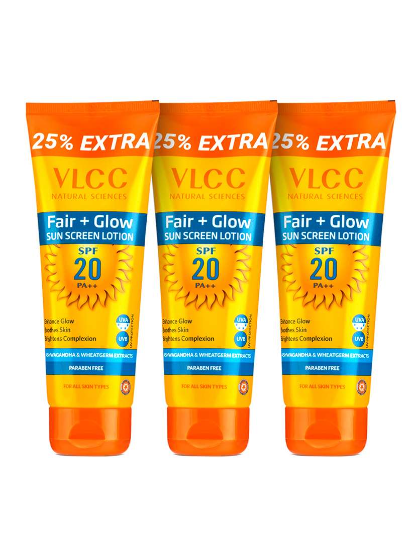 vlcc fair+ glow sunscreen lotion spf 20 pa ++ - 100 g with 25 g extra ( pack of 3 )
