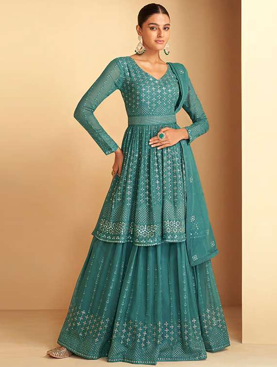 turquoise georgette semistitched suit