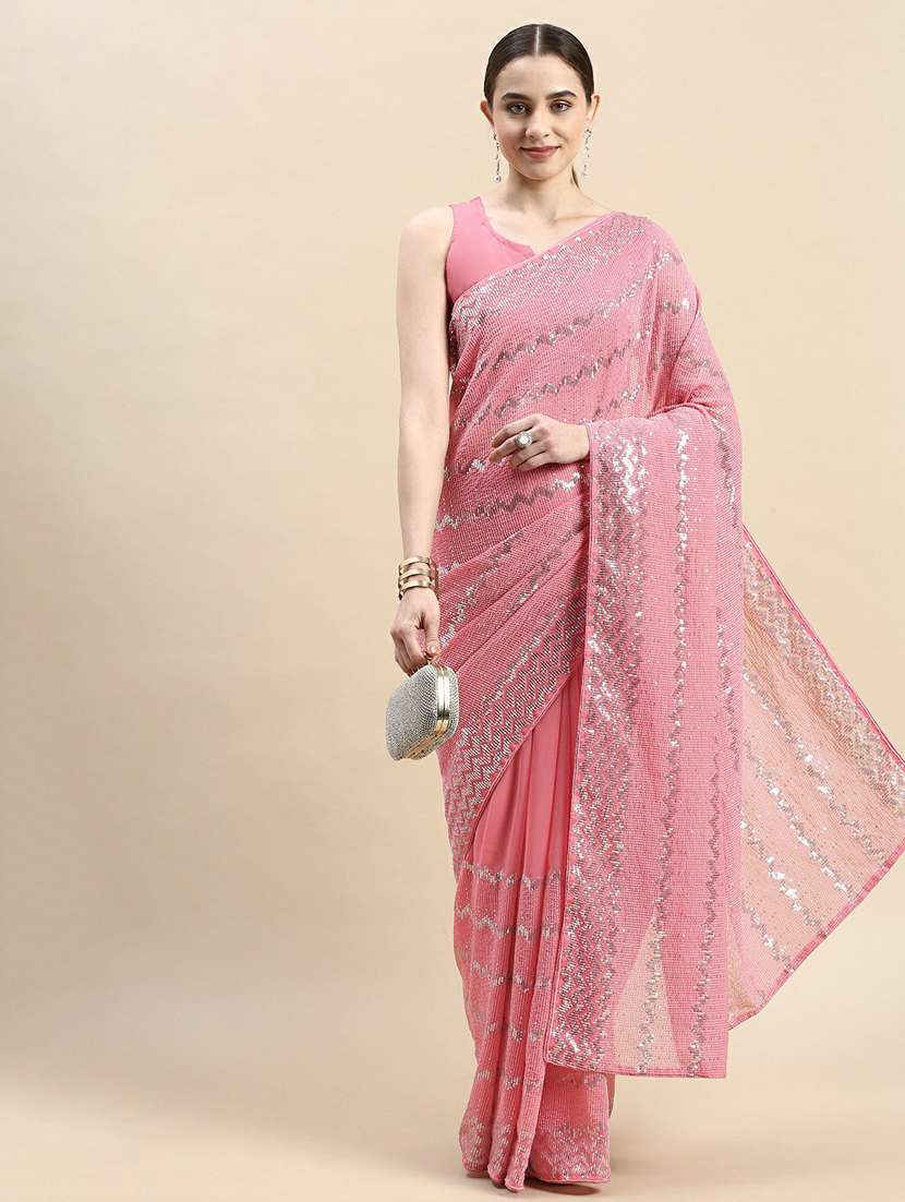 pink self design sequin work saree with blouse