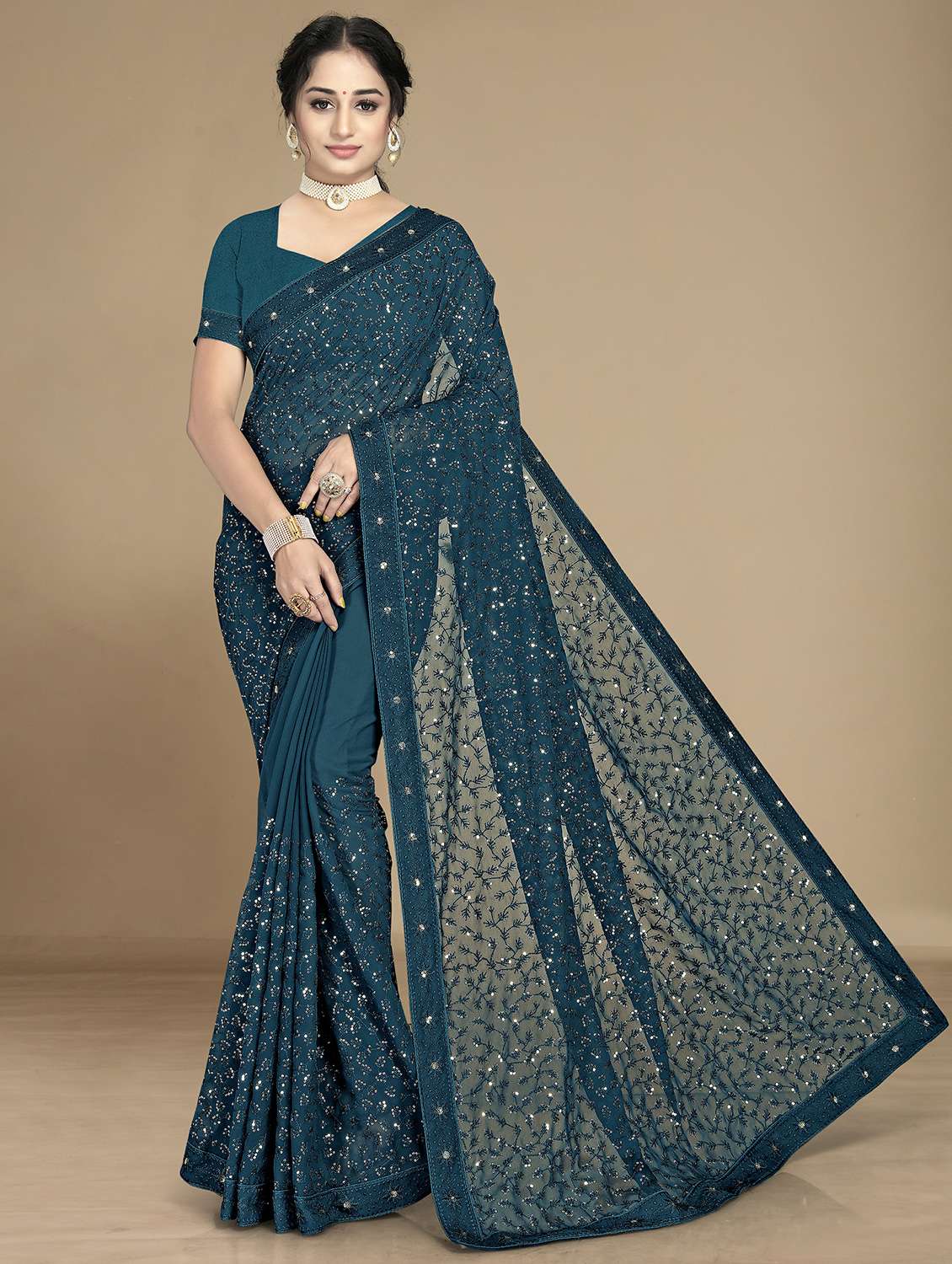 blue self design sequin work saree with blouse