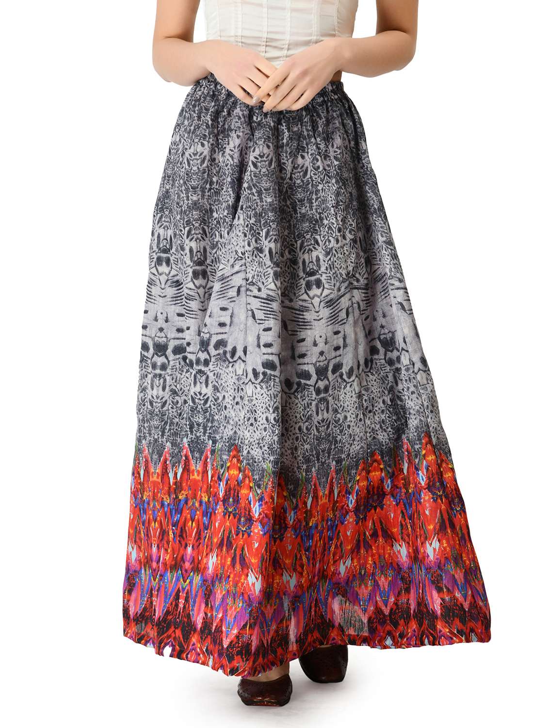 grey printed flared long skirt